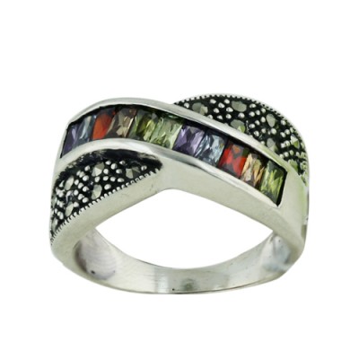 Marcasite Ring Mix Color Cubic Zirconia and Marcasite Cross Design