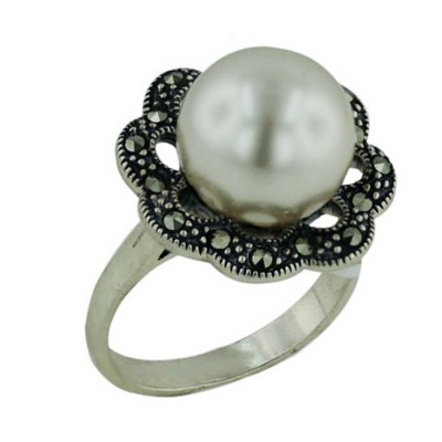 Marcasite Ring Marcasite Flower with 12mm White Pearl Cente