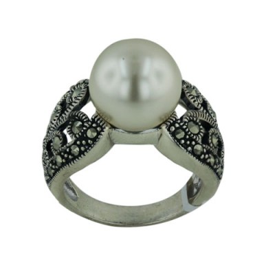 Marcasite Ring 12mm Pearl Center Leaf Design on Side