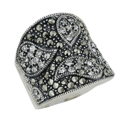 Marcasite Ring Teardrop Shapes Paved in 1.5mm Clear Cubic Zirconia