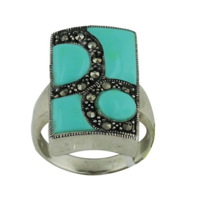Marcasite Ring Marcastie Forms "8" Figure on Turquoise Fa