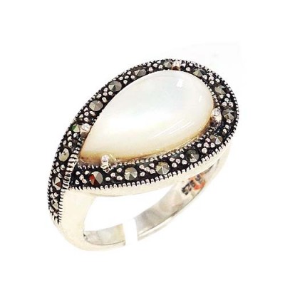 Marcasite Ring 15mm Mother of Pearl Teardrop Marcasite Surrounding