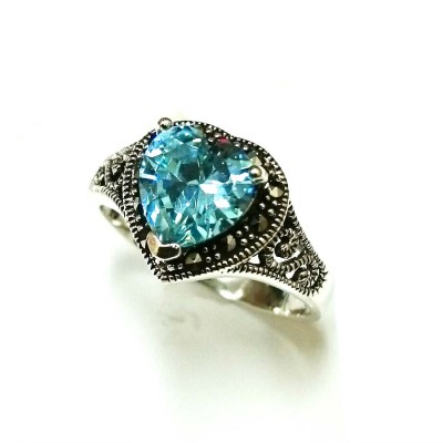 Marcasite Ring 9mm Blue Topaz Cubic Zirconia Heart Center Marcasite
