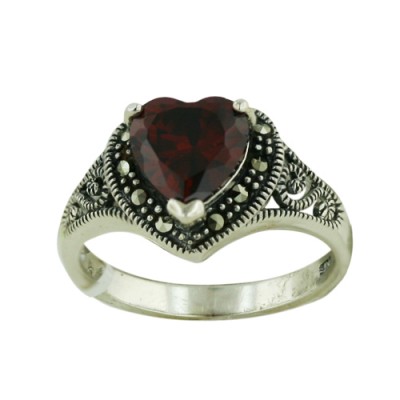 Marcasite Ring 9mm Ruby Cubic Zirconia Heart Center Marcasite Surroun