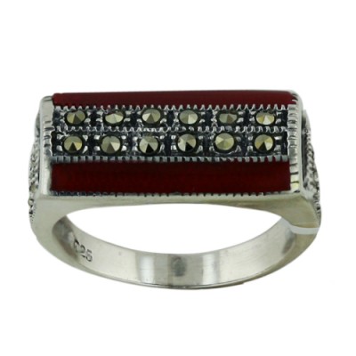 Marcasite Ring Rectangular Shape with Two Red Strips on Sid
