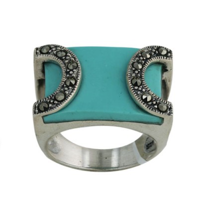 MS Ring 15X19Mm Turquoise Rectangle Marcasite "U"