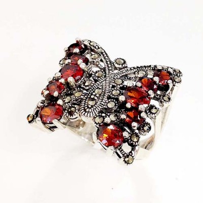 MS Ring Marcasite Butterfly W/ Ruby Cz On Wings
