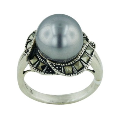 Marcasite Ring 12mm Gray Fresh Water Pearl with Suqare