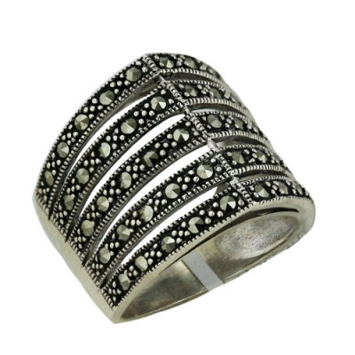 MS Ring Marcasite Strands Form Pointed Arch On Fac