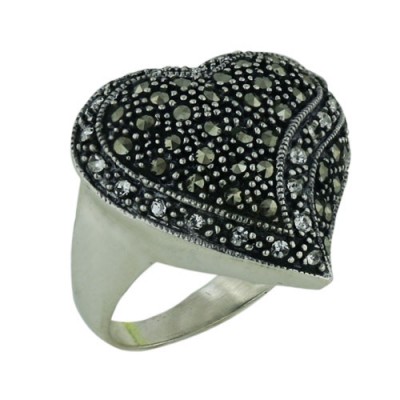 MS Ring Puffy Marcasite Heart W/ Cl Cz Line