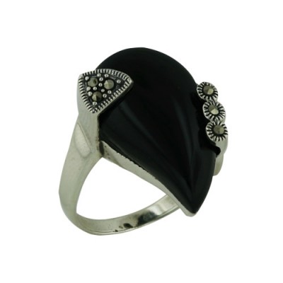 MS Ring Slanted Onyx Teardrop W/ Marcasite