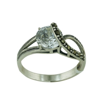MS Ring 8Mm Cl Cz Marcasite Curl W/Rope Pattern