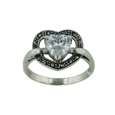 MS Ring Cl Cz Heart In Open Marcasite Heart
