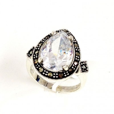 Marcasite Ring 14X10mm Clear Tear Drop on Marc. Outline