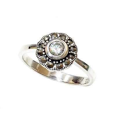 Marcasite Ring Flower with Clear Cubic Zirconia