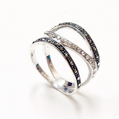 Marcasite Ring Clear Cubic Zirconia Curve+2 Marcasite Lines