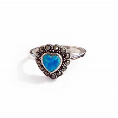 Marcasite Ring Sterling Silver Heart Synthetic Blue