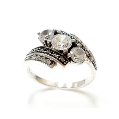 Marcasite Ring 3 Clear Cubic Zirconia Clear Crystal Lines