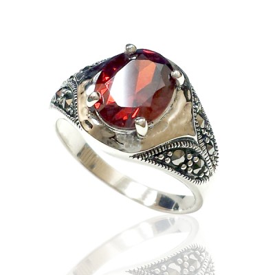Marcasite Ring Garnet Cubic Zirconia 8X10 mm