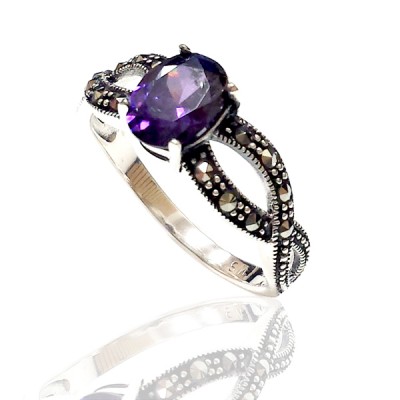Marcasite Ring Oval Amethyst Cubic Zirconia 6X8 mm Criss Cross Side