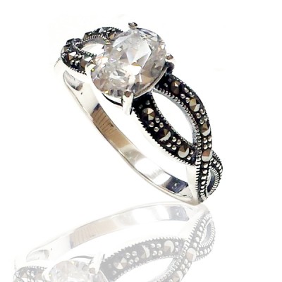 Marcasite Ring Oval Clear Cubic Zirconia 6X8 mm Criss Cross Side