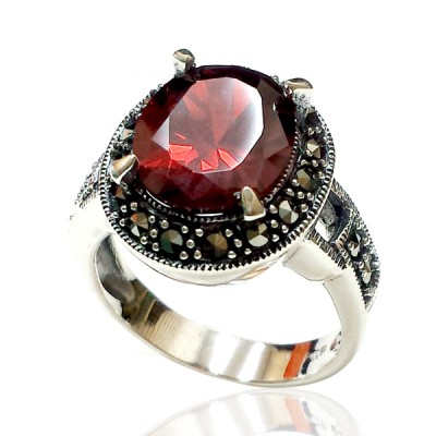 Marcasite Ring Oval Garnet Cubic Zirconia Marcasite Around