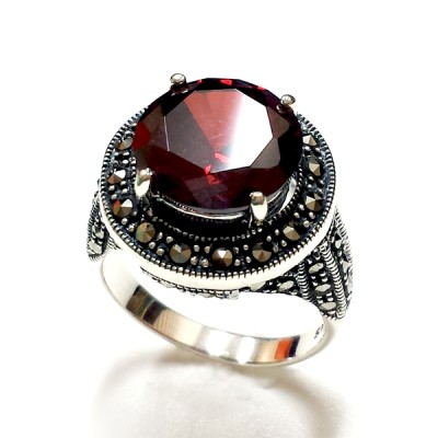 Marcasite Ring Round Garnet Cubic Zirconia Marcasite Around
