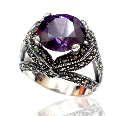 Marcasite Ring Amethyst Cubic Zirconia Marcasite Side Lines Criss
