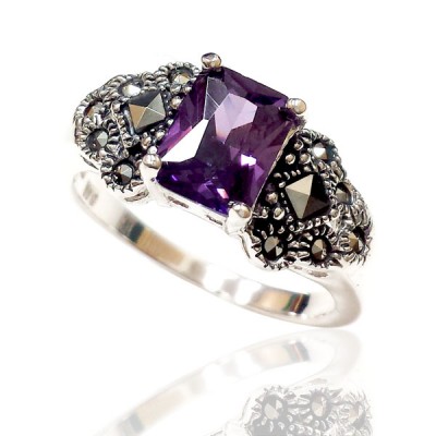Marcasite Ring Amethyst Cubic Zirconia 6X8 mm Rectangular