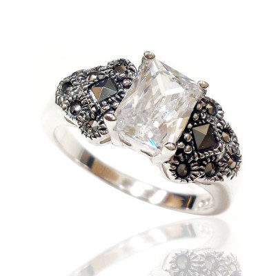 Marcasite Ring Clear Cubic Zirconia 6X8 mm Rectangular