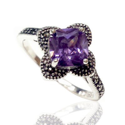 Marcasite Ring Flower Cushion Amethyst Cubic Zirconia 7X7mm