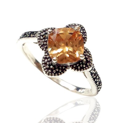 Marcasite Ring Flower Cushion Champagne Cubic Zirconia 7X7mm