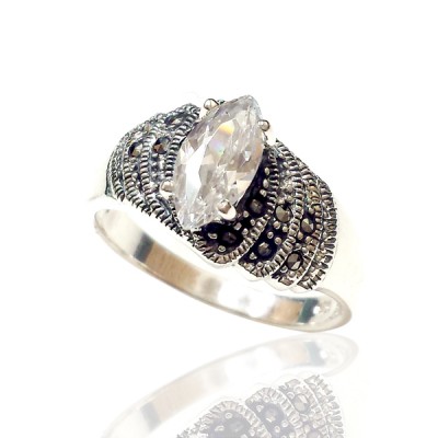 Marcasite Ring 5X10mm Clear Cubic Zirconia Marquise Marcasite each Side Oxidize