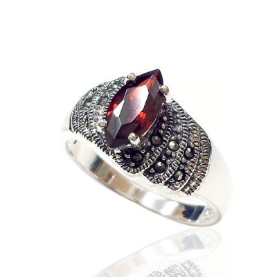 Marcasite Ring 5X10mm Pink Marquise Cubic Zirconia Marcasite each Side Oxidize