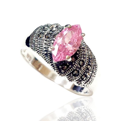 Marcasite Ring 5X10mm Garnet Marquise Cubic Zirconia Marcasite each Side Oxidize