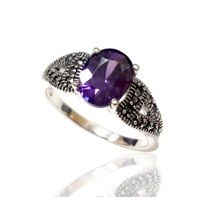 Marcasite Ring 7X9mm Oval Amethyst Cubic Zirconia Marcasite each Side Oxidize