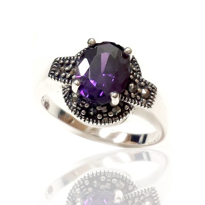 Marcasite Ring Oval Amethyst Cubic Zirconia Marcasite Base 7X9 mm