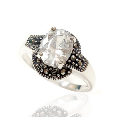 Marcasite Ring Oval Clear Cubic Zirconia Marcasite Base 7X9 mm