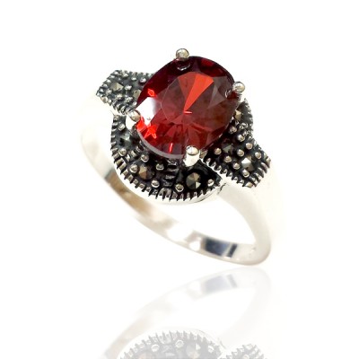 Marcasite Ring Oval Garnet Cubic Zirconia Marcasite Base 7X9 mm