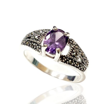 Marcasite Ring 6X8mm Amethyst Cubic Zirconia Marcasite each Side Oxidize
