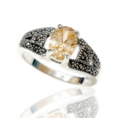Marcasite Ring 6X8mm Champagne Cubic Zirconia Marcasite each Side Oxidize