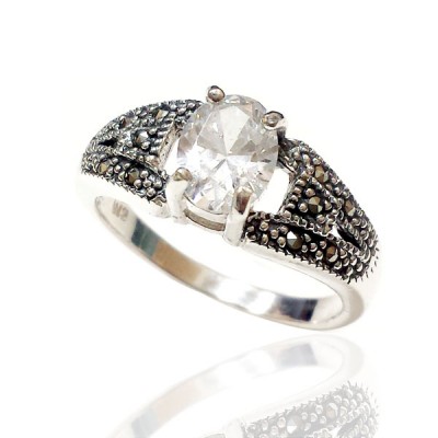 Marcasite Ring 6X8mm Clear Cubic Zirconia Marcasite each Side Oxidize