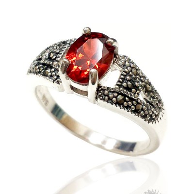 Marcasite Ring 6X8mm Garnet Cubic Zirconia Marcasite each Side Oxidize