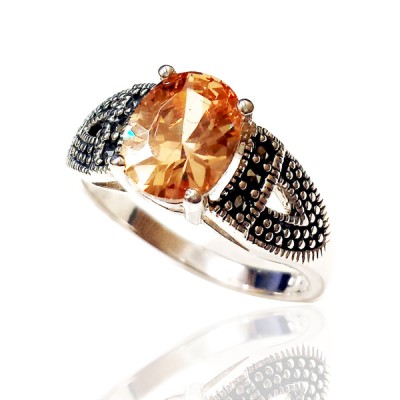 Marcasite Ring Oval Champagne Cubic Zirconia 7X9 mm