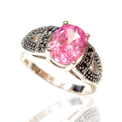 Marcasite Ring Ova Pink Cubic Zirconia 7X9 mm Triangle Side