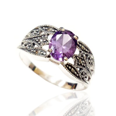 Marcasite Ring Oval Amethyst Cubic Zirconia 6X8 mm Filigree Side