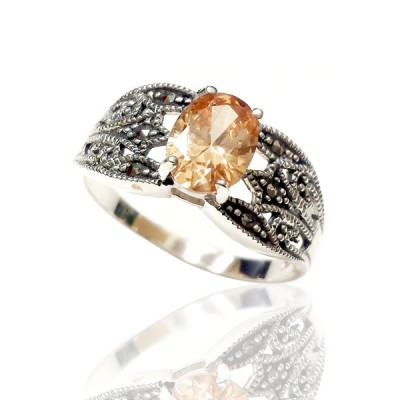 Marcasite Ring Oval Champagne Cubic Zirconia 6X8 mm Filigree Side
