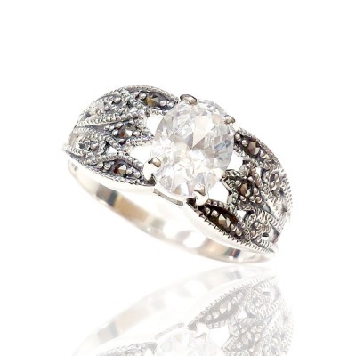Marcasite Ring Oval Clear Cubic Zirconia 6X8 mm Filigree Side