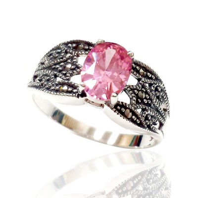 Marcasite Ring Oval Pink Cubic Zirconia 6X8 mm Filigree Side