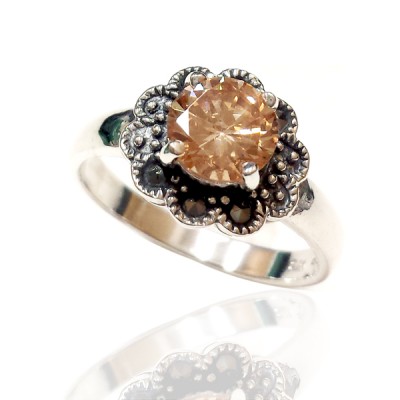 Marcasite Ring 7mm Champagne Cubic Zirconia Marcasite Flower Around Oxidize
